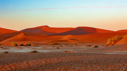 Naklejka na ściany i meble Arid dead sunrise landscape, near famous Dead Vlei in Namib desert, dune with morning sun, Namibia, Africa wilderness landscape