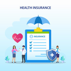 Health insurance concept. Big clipboard with document on it under the umbrella. vector illustration