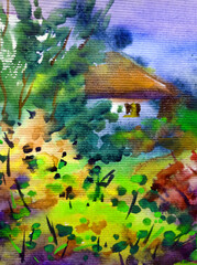 Watercolor colorful bright textured abstract background handmade . Landscape . Painting of architecture and vegetation of the sea coast , Ukraine , made in the technique of watercolors from nature