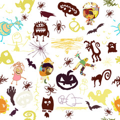 Obraz premium Seamless pattern with funny monsters in cartoon style. Children's background with cute characters for fabric design, Wallpaper, wrapping paper. Vector