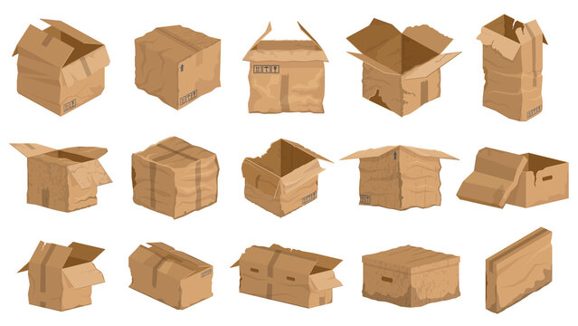Damaged carton cardboard boxes, crumpled delivery package. Broken, wet, torn carton delivery boxes vector illustration set. Carton damaged cardboard package