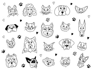 Set of portraits of pets. Heads of cats and dogs of different breeds.Cats and dogs together.Vector illustration.Drawn in doodle style.