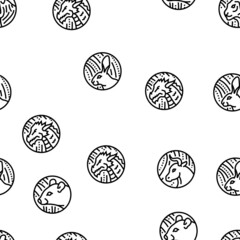 Chinese Horoscope And Accessory Vector Seamless Pattern Thin Line Illustration