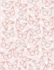 Simple Hand Drawn Vector Seamless Pattern with Blush Pink Butterfies. Elegant Vector Print ideal for Fabric, Textile, Wrapping Paper. Delicate Butterflies Print.
