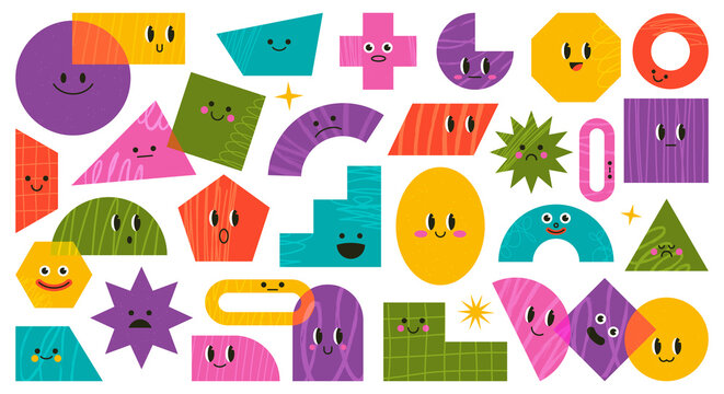Abstract geometric comic shapes, cute doodle characters. Bright figures, square triangle and circle with face emotions vector illustration set. Funny cartoon mascots
