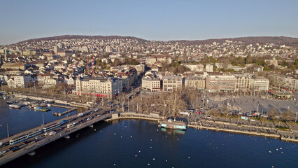 Aerial view of City of Zürich with river Limmat, Bellevue Square and lake Zürich on a sunny spring afternoon. Photo taken March 4th, 2022, Zurich, Switzerland.