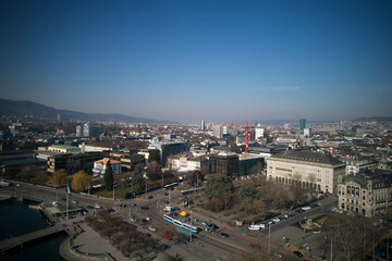 Aerial view of City of Zürich with lake Zürich, waterfront and Bürkli Square on a sunny spring day. Photo taken March 4th, 2022, Zurich, Switzerland.