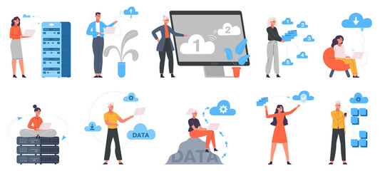 Cloud system, online data storage and cloud engineering. Online data cloud server engineer characters vector illustration set. Cloud engineering computing concept