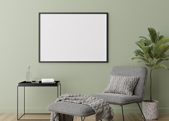 Empty horizontal picture frame on green wall in modern living room. Mock up interior in contemporary style. Free, copy space for your picture, poster. Armchair, plant, parquet floor. 3D rendering.