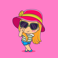 Cute little girl wearing a eyeglasses. Cool stylish girl cartoon vector illustration.
