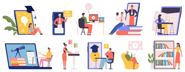 Online education, video language training, digital workshop, e-learning concept. Learning online at home by video call vector illustration set. E-learning, online education