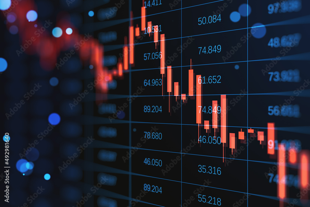 Poster Abstract falling candlestick forex chart on blurry dark index grid background. Finance and crisis concept. 3D Rendering.