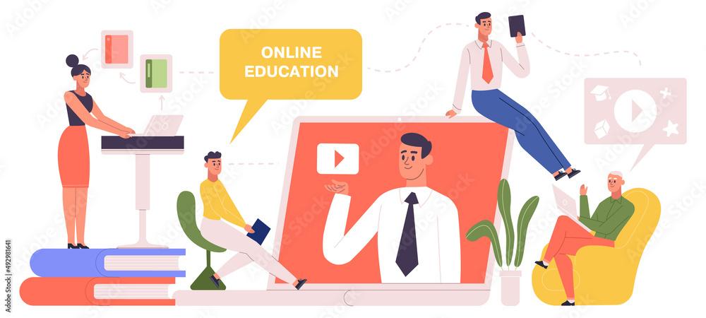 Poster online learning, e-library, digital workshop tutorials. people learning by reading books vector illu