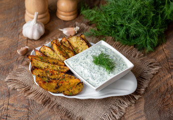 White dipping sauce. Golden oven roasted potato wedges with white Garlic and Herb dipping sauce on a plate. Selective focus, rustic style. - obrazy, fototapety, plakaty