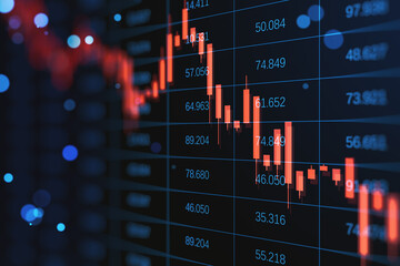 Abstract falling candlestick forex chart on blurry dark index grid background. Finance and crisis...