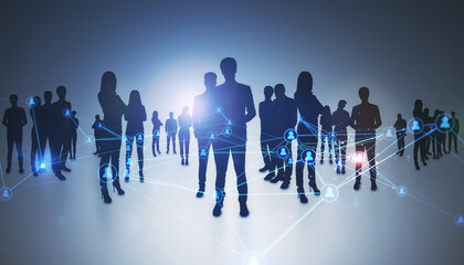 Backlit group of businesspeople standing on light background with glowing digital network hologram....