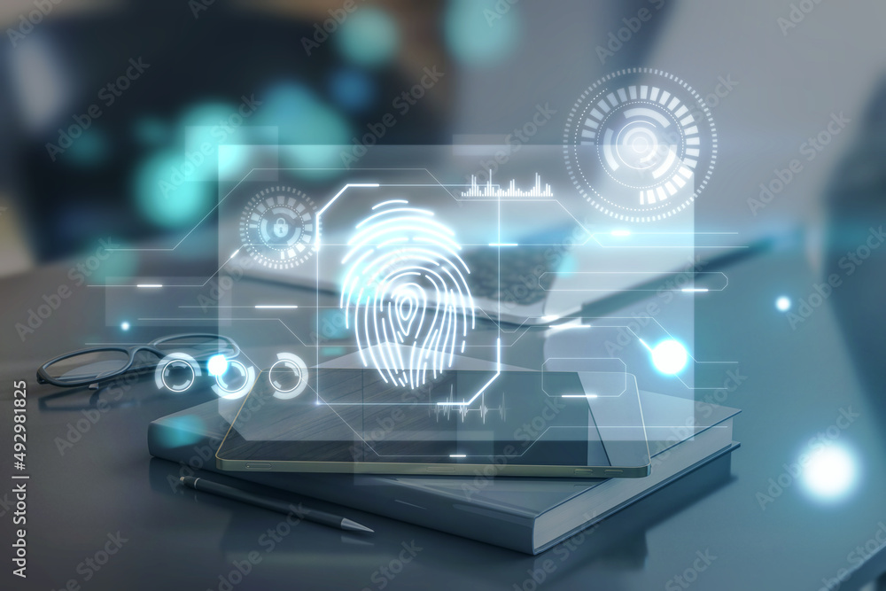 Poster Close up of tablet and supplies on office desktop with abstract glowing fingerprint interface on blurry background. Login and authorization concept. Double exposure.