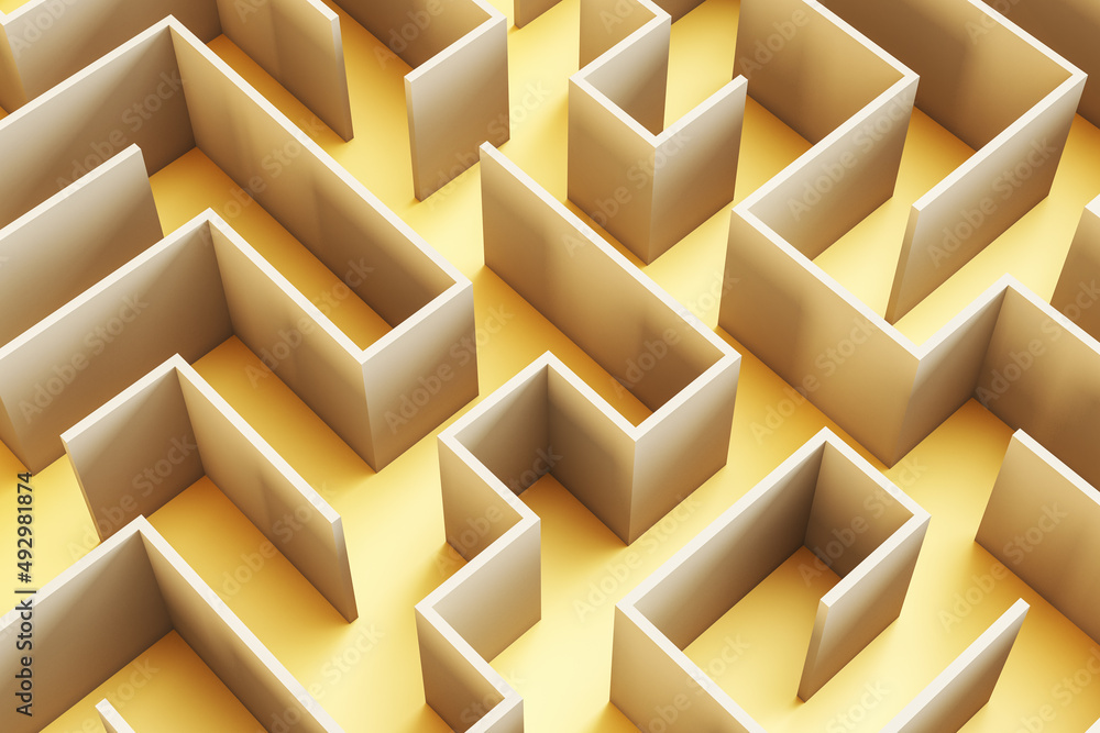 Poster creative yellow maze backdrop. solution, way out and challenge concept. 3d rendering.