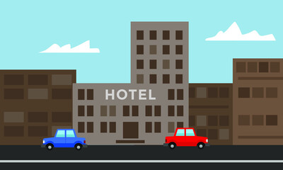 hotel building, cartoon cityscape, vector illustration 