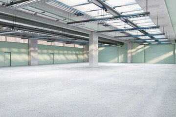 Simple spacious concrete warehouse garage interior. Space and design concept. 3D Rendering.