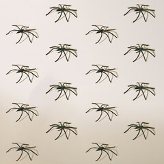 Spooky Halloween pattern with black spiders on minimal beige background.