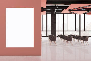 Clean conference hall interior with panoramic city view, empty white mock up presentation frame and...