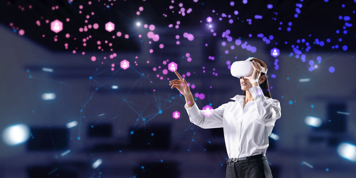 Attractive young european female with VR glasses and abstract global polygonal network on dark background. Metaverse, augmented reality, future and communication concept. - Powered by Adobe