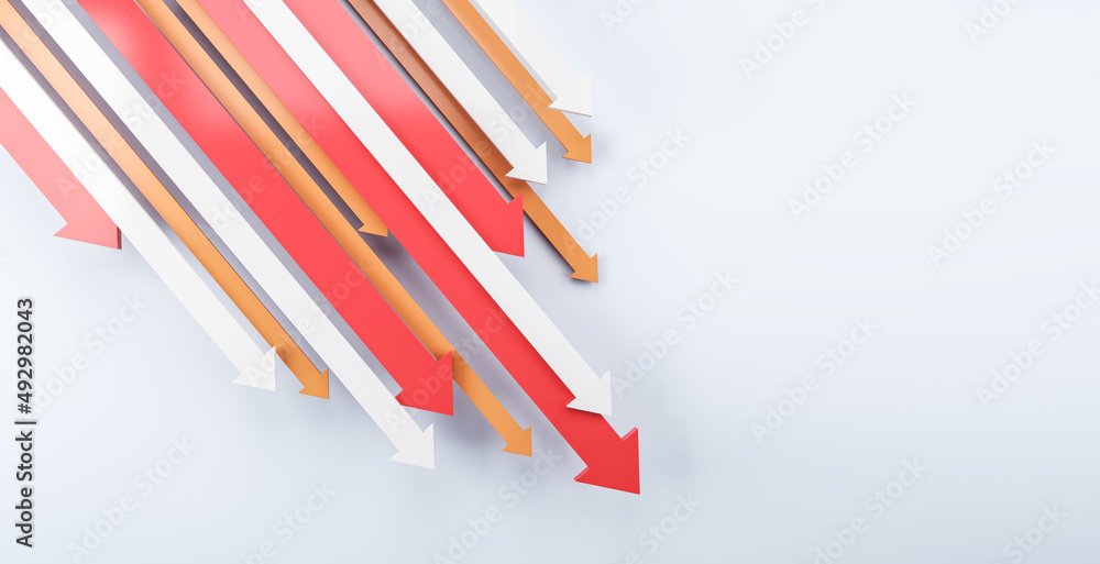 Poster downward chart arrows on white background with mock up place. down, drop, finance and crisis concept