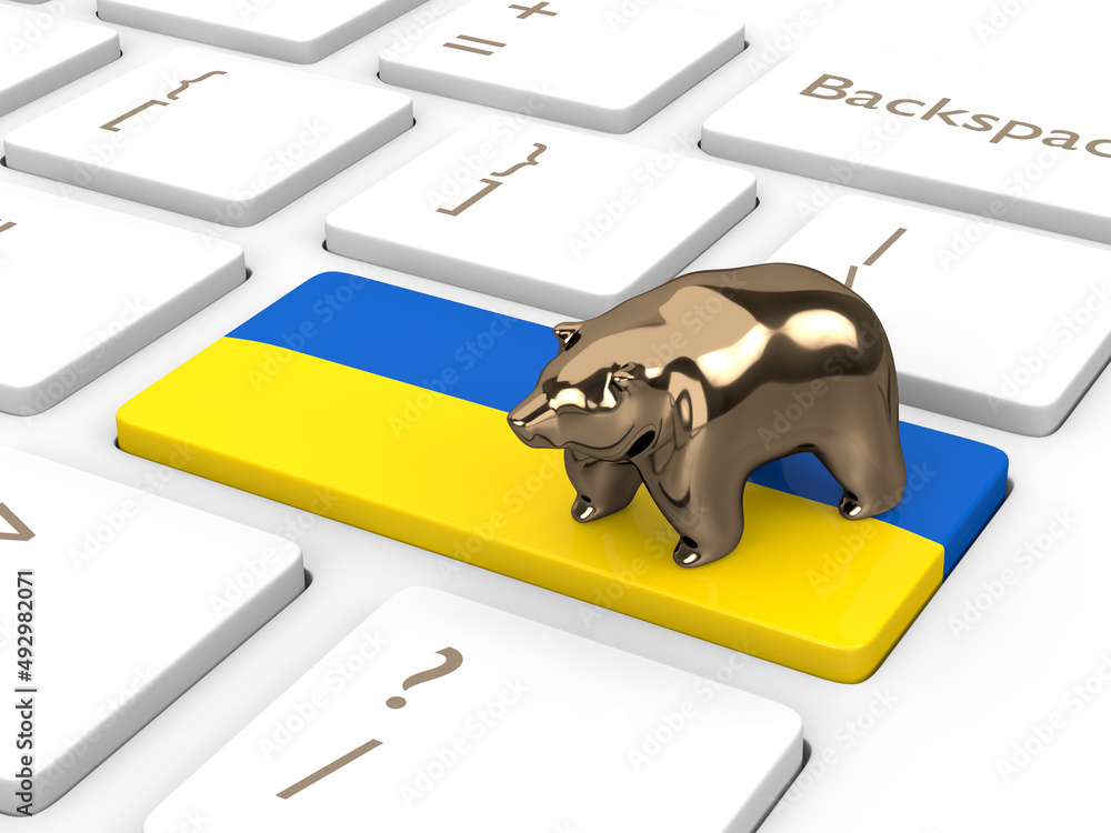 Poster 3d render of computer keyboard with russian flag and bear