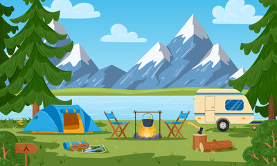 Cartoon tourist camp summer forest and mountain landscape. Campfire and tent, natural picnic spot vector illustration. Beautiful spring view at lake