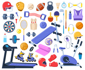 Cartoon sport fitness equipment, gym sport tools. Gym sports elements, indoor activity vector symbols set. Sport accessories