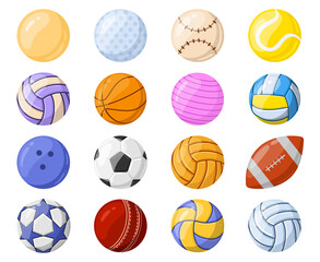 Cartoon sport ball, soccer, basketball and volleyball game equipment. Rugby, hockey, tennis sport ball equipment vector illustration set. Sport games accessories