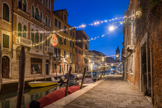 Christmas decoration at a small canal in Venice, Italy