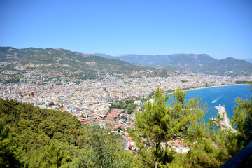 Fototapeta na wymiar alanya with seaport and coastline, view from the top of mountain