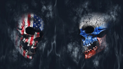 War between Russia and United States of America. Human skulls all cracked and decayed with American and Russian flags on them burning with fire and smoke illustration © ArtmediaworX