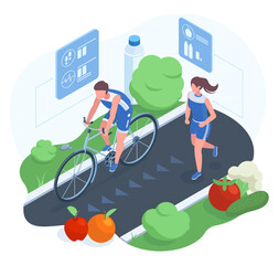 Isometric sport, healthy lifestyle and diet concept. Sportsman human characters doing fitness cardio vector illustration. Weight control, diet and health tracking gadget