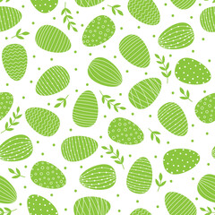 Seamless pattern with Easter decorated eggs. Green eggs and branches on white background.