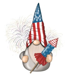 Independence Day Usa July Gnome Hand Drawn Illustration	