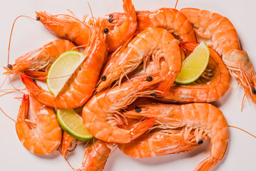 Tasty shrimps on white background copy space. 