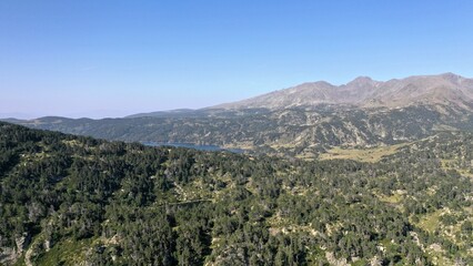 Fototapeta na wymiar survol d'un lac de montagne et de forets dans les Pyrénées-Orientales, sud de la France, parc naturel des Bouillouses