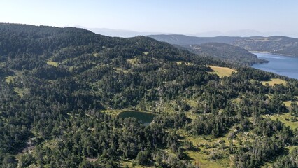 Fototapeta premium survol d'un lac de montagne et de forets dans les Pyrénées-Orientales, sud de la France, parc naturel des Bouillouses