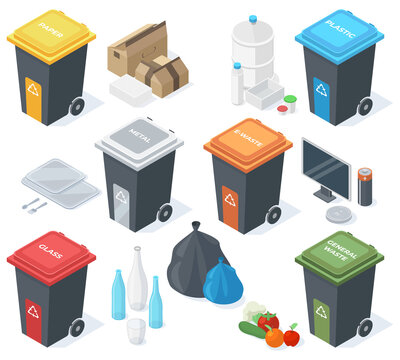 Isometric garbage multicolour trash cans, waste recycle bins. Plastic, glass, organic or paper garbage cans, 3d trash bins vector illustration. Waste recycle baskets