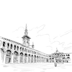 Umayyad Mosque. Damascus. Syria. Hand drawn sketch. Vector illustration.