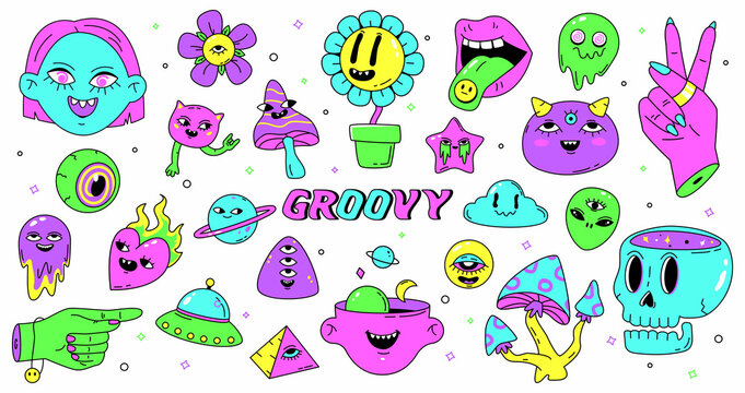 Cartoon neon psychedelic stickers, abstract hipster retro emojis. Hippy stickers with mushrooms, scull and flowers vector illustration set. Weird crazy colorful elements