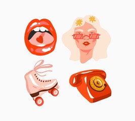 Hand drawn vector abstract stock flat graphic illustrations colection set with retro,vintage boho modern lips,hippie girl portrait,phone and roller-skates,hippie illustrations on color background.