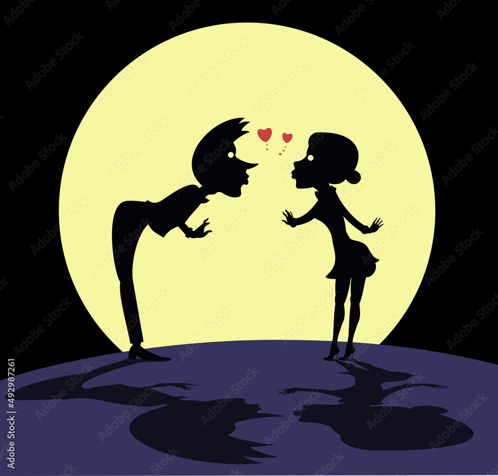 Wall mural Love couple rendezvous under the moon. Man and woman falling in love and meeting under the moon	 - Wall murals