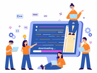 Website software developing, app programmers team concept. Code engeneers programming on computer vector illustration. Programmers and software developers