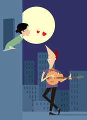 Love couple rendezvous under the moon illustration. Full moon and young man stays under the window of the girlfriend, plays guitar and sings love song illustration