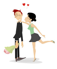 Love heterosexual couple. Pretty young girl kisses the confused boyfriend	