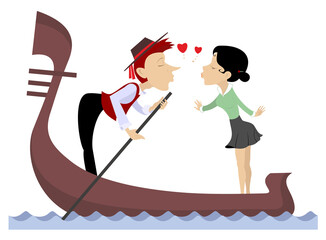 Man, woman, love, heart symbols and gondola illustration. Funny gondolier and woman fall in love and ride on gondola isolated on white isolated illustration © bigmen